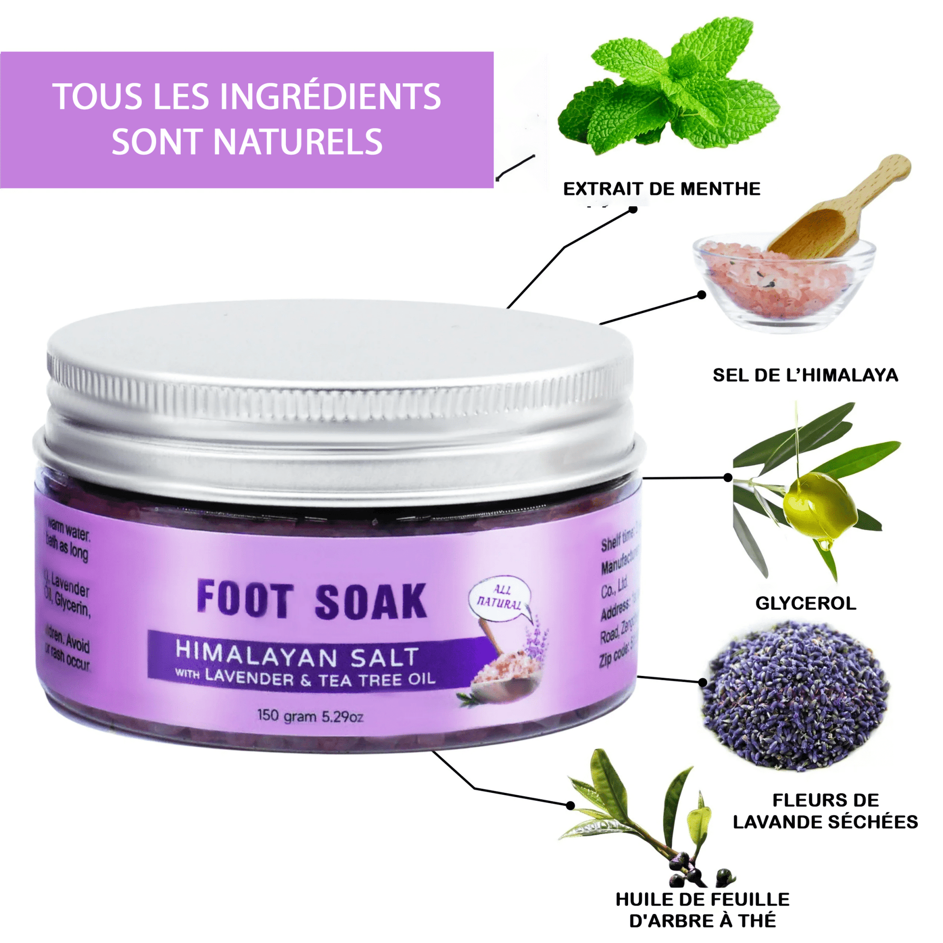 Sels de bain de pieds de l'Himalaya, 150 g, aux fleurs de lavande séchées, anti - odeurs, bain de pieds, spa - Swfitshop